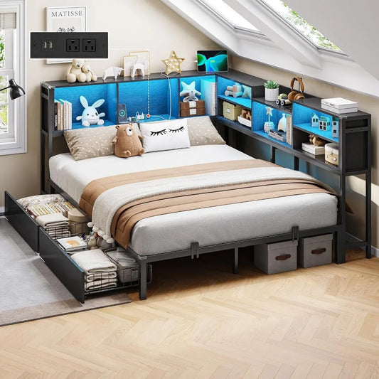 Full Corner Bed Frame with Bookcase Storage and Led Lights Metal Platform Bed Frame with 2 Drawers and Charging Station