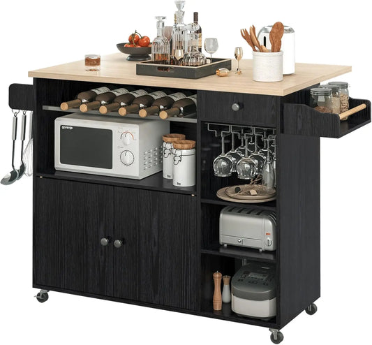 Rolling Kitchen Island Cart with Drop-Leaf and Wine Rack,  Serving Cart on Wheels with Drawer & Shelves
