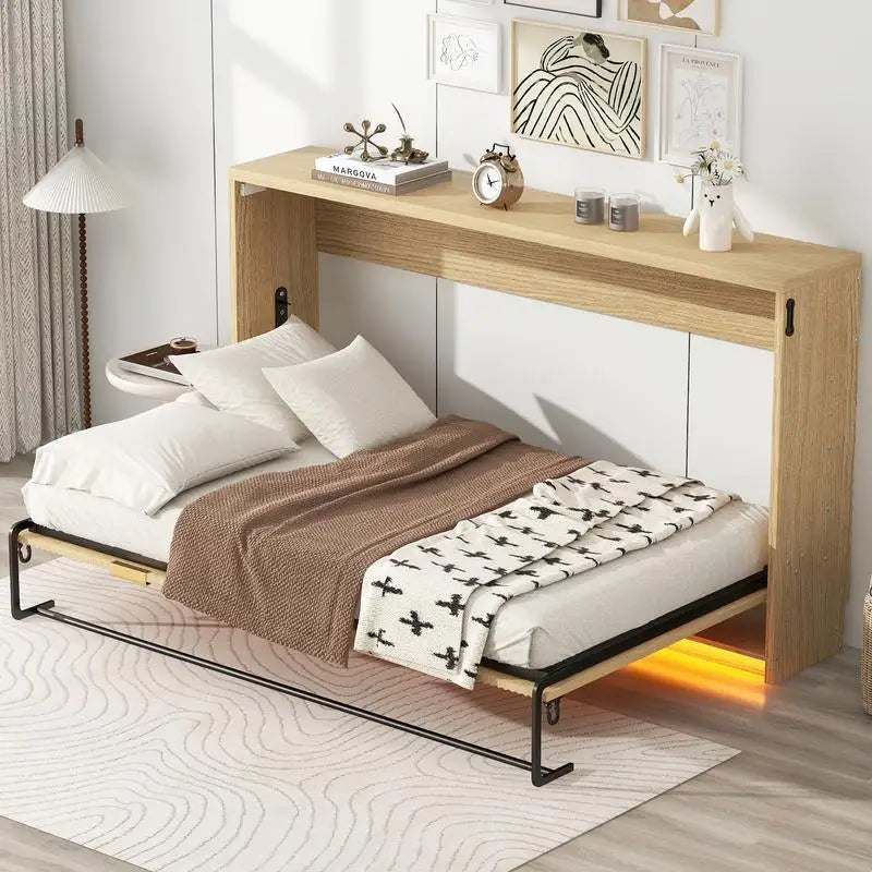 Twin XL Murphy Bed with LED Light, Folds into Cabinet, Natural Finish