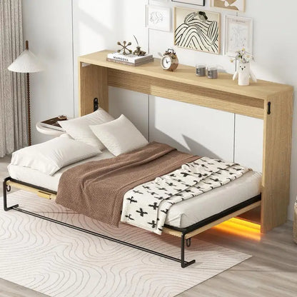Twin XL Murphy Bed with LED Light, Folds into Cabinet, Natural Finish