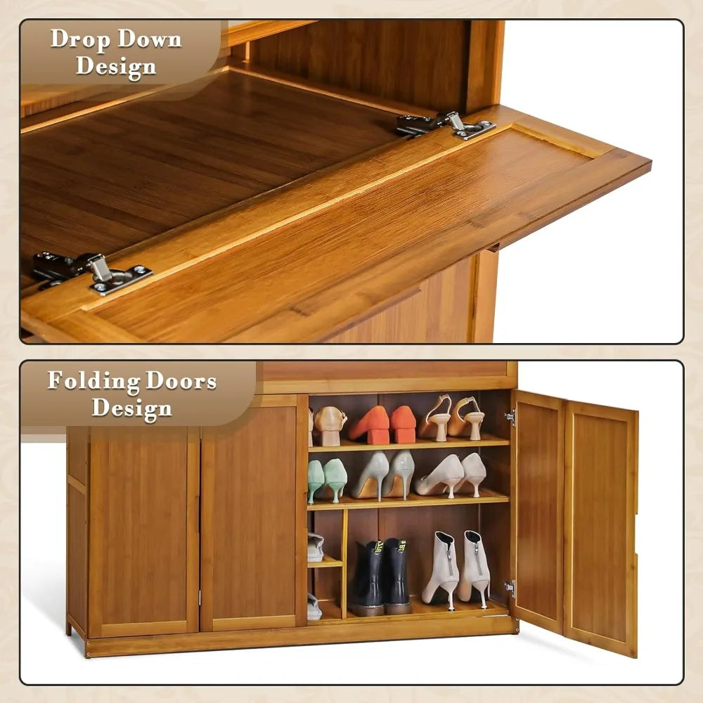 46" 5-Tier Bamboo Shoe Cabinet with Bifold Doors, Shoe Rack for Hallway, Entryway, Storage
