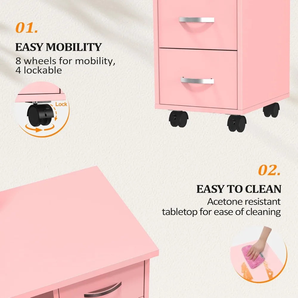 Manicure Table with Cabinet, Drawers, Wheels, and Wrist Rest for Spa Salon Technician Workstation