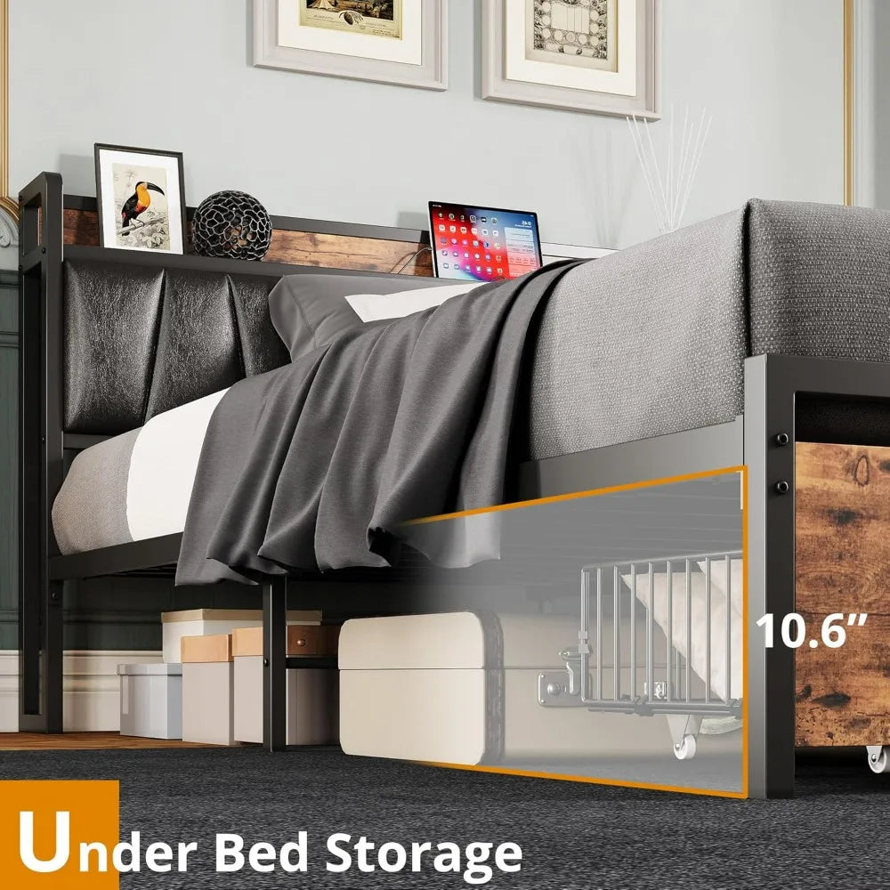 California king platform bed frame with storage headboard drawers included, no box spring required