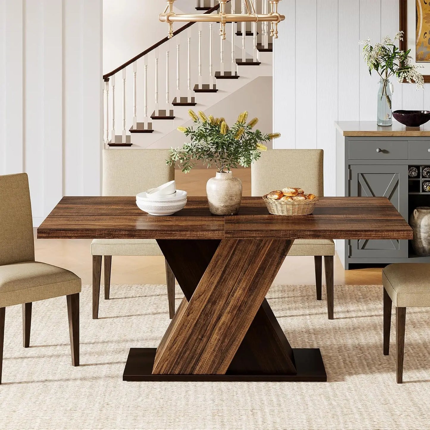 55-Inch Farmhouse Wood Dining Table for 4, Rectangle Rustic Brown Kitchen Dining Room Table