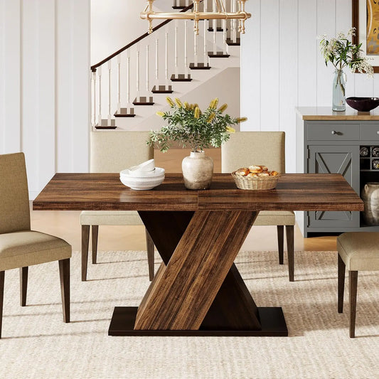 55-Inch Farmhouse Wood Dining Table for 4, Rectangle Rustic Brown Kitchen Dining Room Table