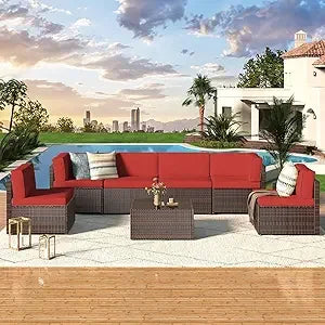 7 Piece Outdoor Patio Furniture Set, PE Rattan Outdoor Wicker Sectional Furniture Chair Set with Cushions and Table