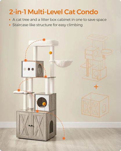 Cat Tree with Litter Box Enclosure, Cat Tower, 70.8-Inch Tall Cat Condo with Scratching Posts, Perch, Caves