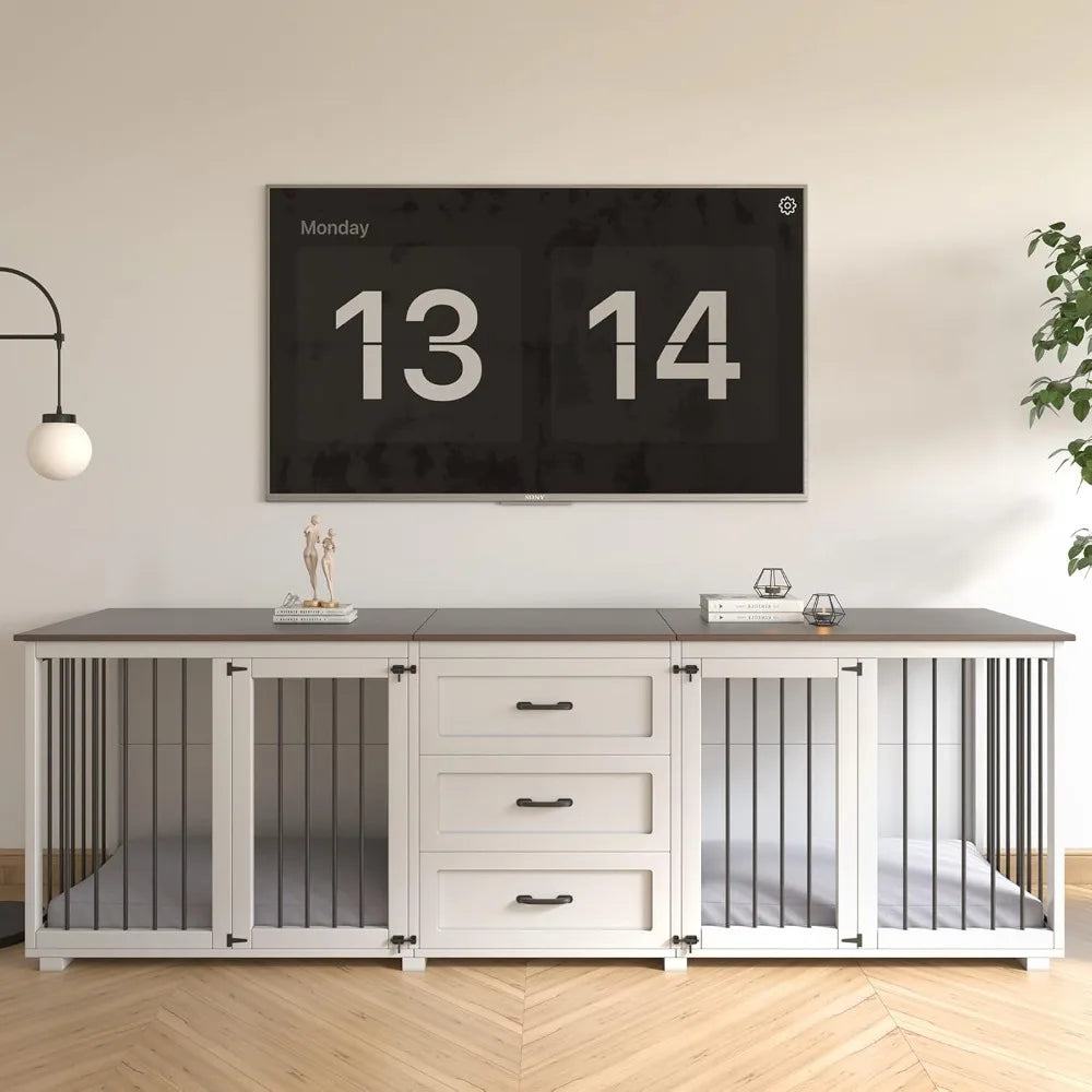 Dog Crate - Wooden Dog Kennel Furniture with 3 Drawer, Double Doors with Locks, 95x23x32H, White