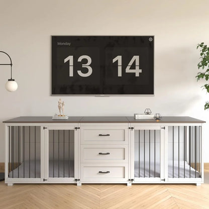 Dog Crate - Wooden Dog Kennel Furniture with 3 Drawer, Double Doors with Locks, 95x23x32H, White