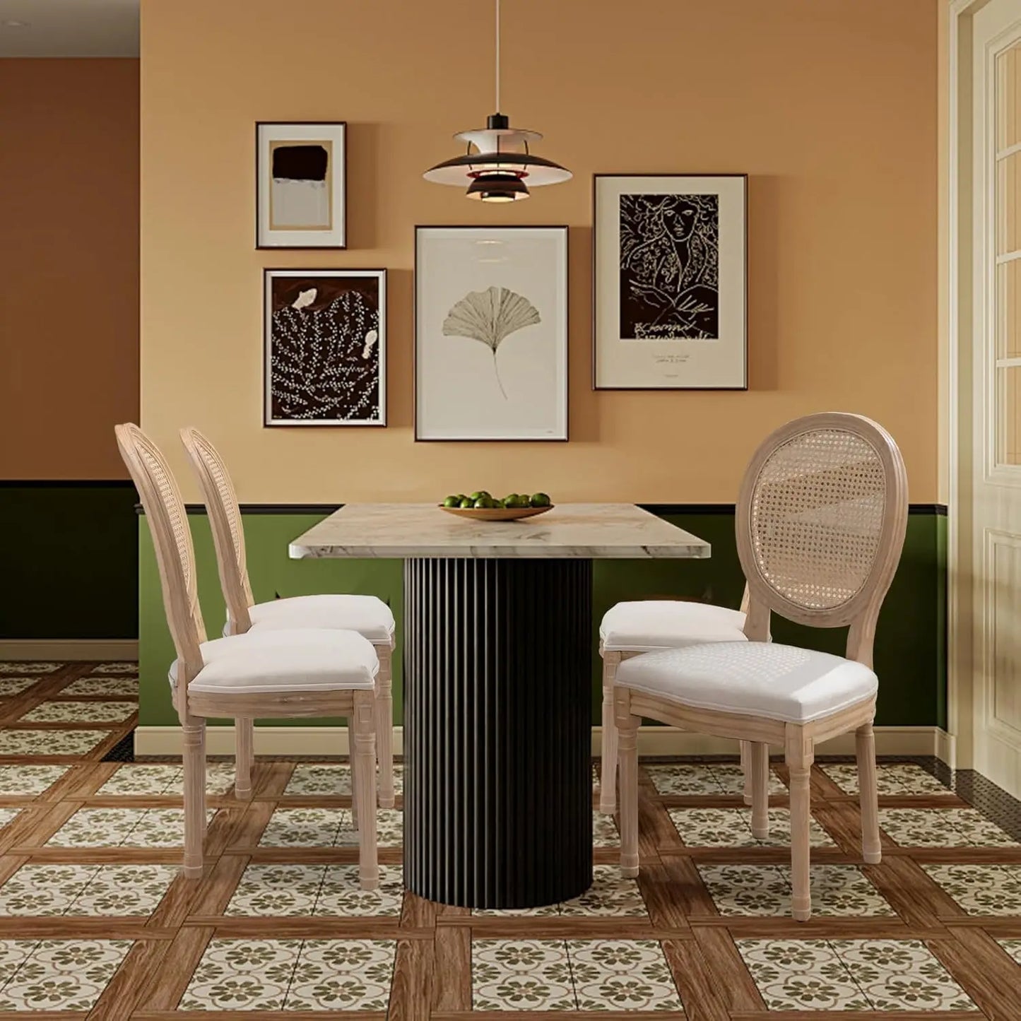 French Dining Chairs Set of 4, Dining Chair with Round Back, Wood Leg Farmhouse Country Rattan Dining Chair for Kitchen,