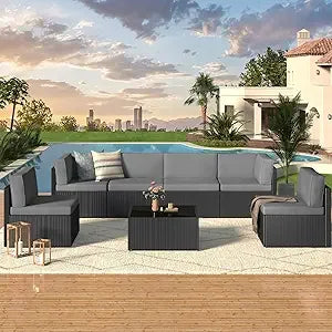 7 Piece Outdoor Patio Furniture Set, PE Rattan Outdoor Wicker Sectional Furniture Chair Set with Cushions and Table