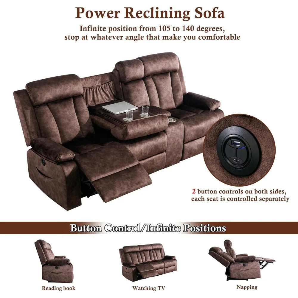 Sofa ,Reclining Couch with Massage, Heat & Cup Holders–Dutch Velvet Power Reclining Sofa with USB/Type-C Ports, S