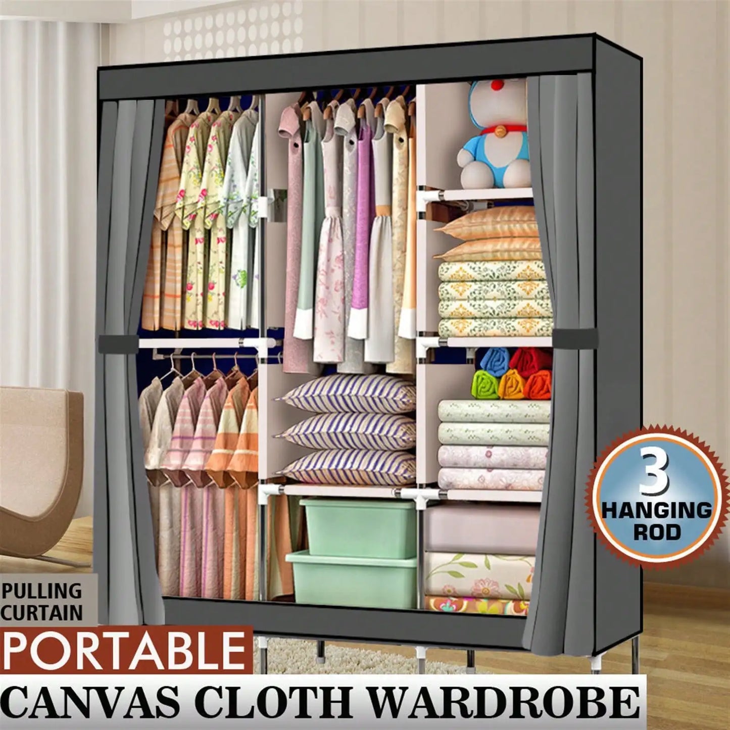 69 Inch Wardrobe Organizer, Bedroom Portable Wardrobe, Clothes Rail With Non-Woven Cover, Clothes Storage Rack