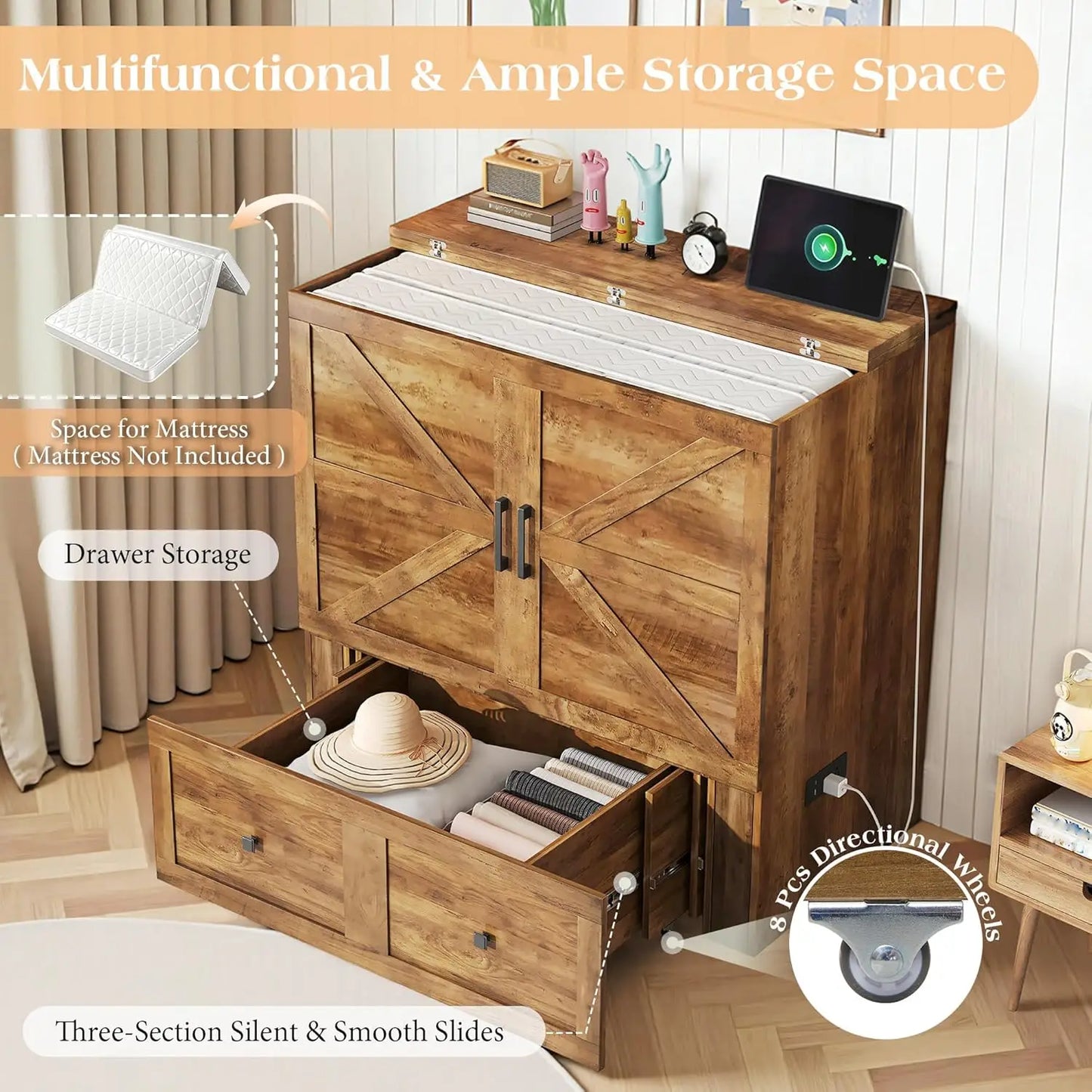 Twin Murphy Bed Cabinet with Storage Drawer, Farmhouse Foldable Platform Bed for Home Office