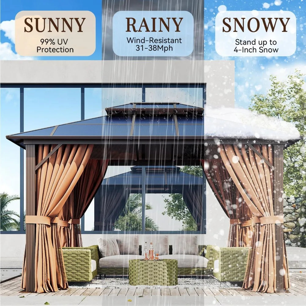 10x12ft Hardtop Gazebo with Double Roof, Aluminum Frame, Netting & Curtains - Outdoor Pavilion for Patio Garden