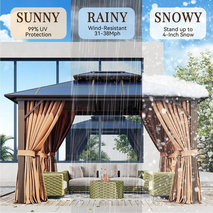 10x12ft Hardtop Gazebo with Double Roof, Aluminum Frame, Netting & Curtains - Outdoor Pavilion for Patio Garden