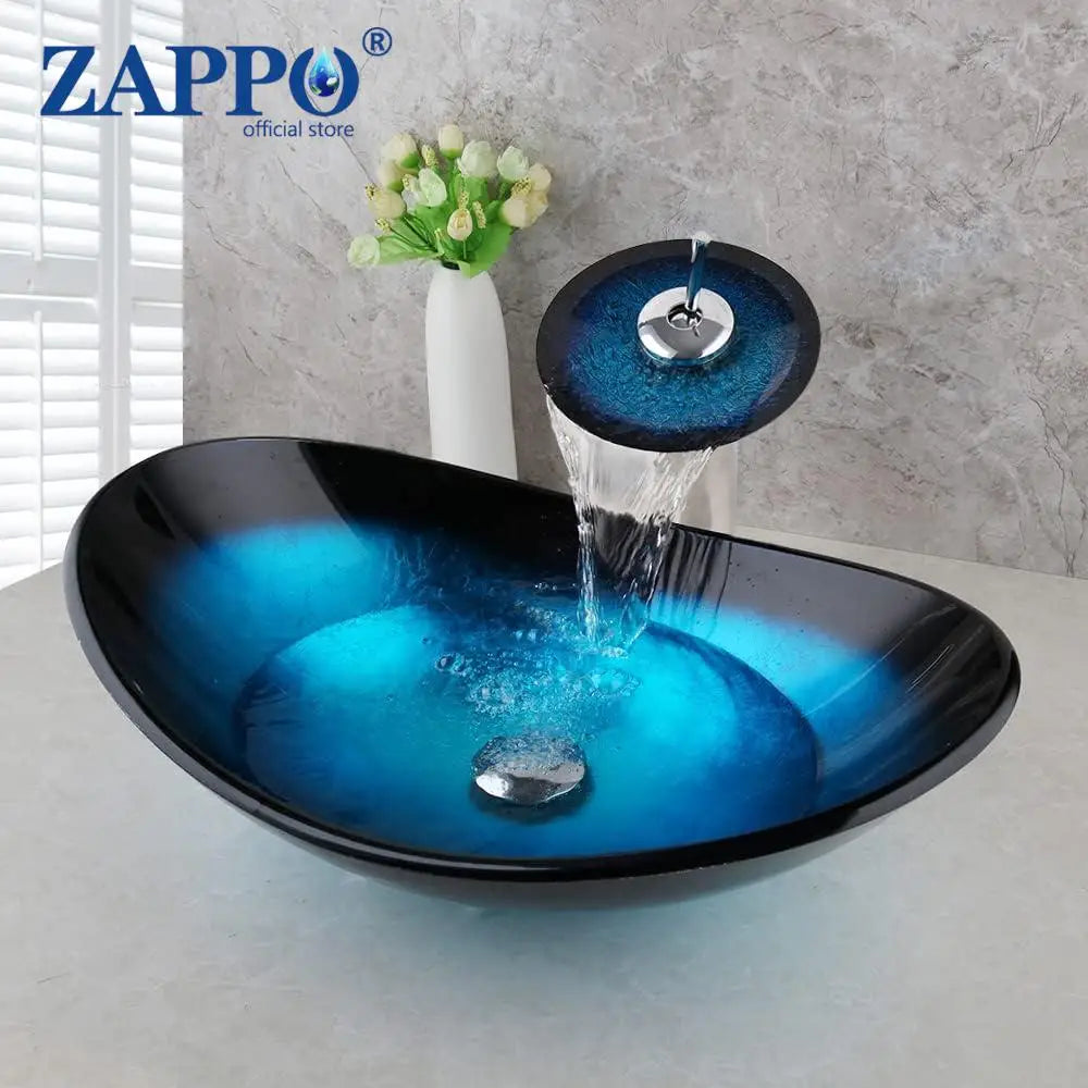 Tempered Above Counter Basin Glass Sink with Waterfall Faucet Tap