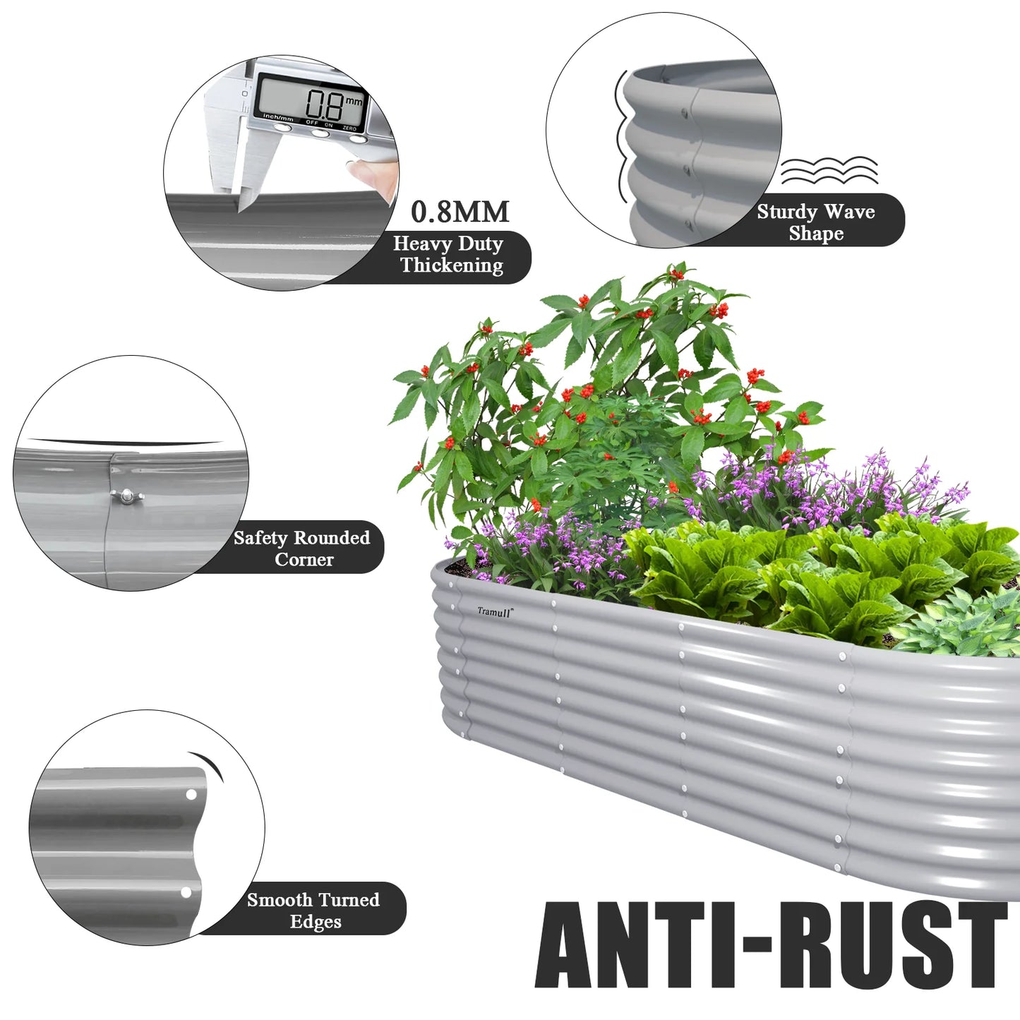 8x3x2FT Galvanized Raised Garden Bed Kit, Oval Outdoor Metal Ground Bottomless Planter Box