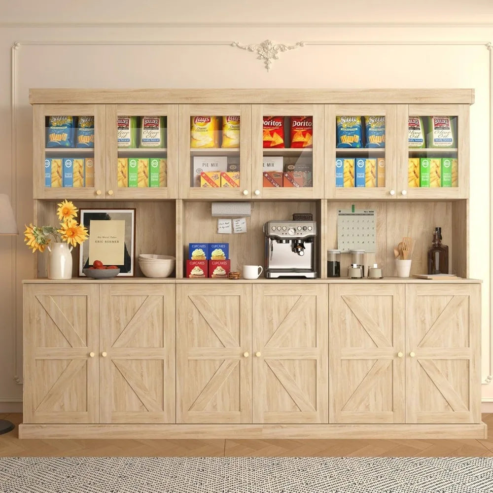 71" Farmhouse Kitchen Pantry Cabinet Set of 3, Brown Freestanding Coffee Bar Hutch with Glass Doors & Adjustable Shelves