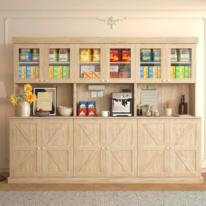 71" Farmhouse Kitchen Pantry Cabinet Set of 3, Brown Freestanding Coffee Bar Hutch with Glass Doors & Adjustable Shelves