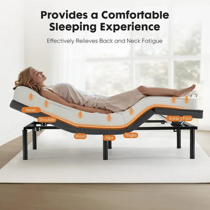"twin xl ergonomic adjustable bed base with wireless remote, usb charging, and head/foot tilt features"