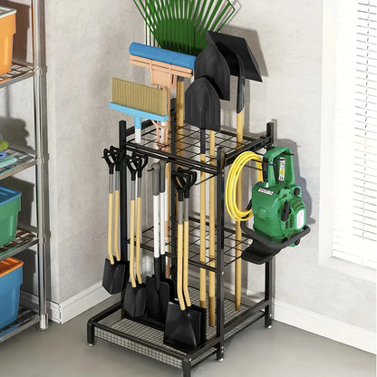 garden tool rack, patio tool tower, garage organization and storage, heavy-duty steel garden tool rack