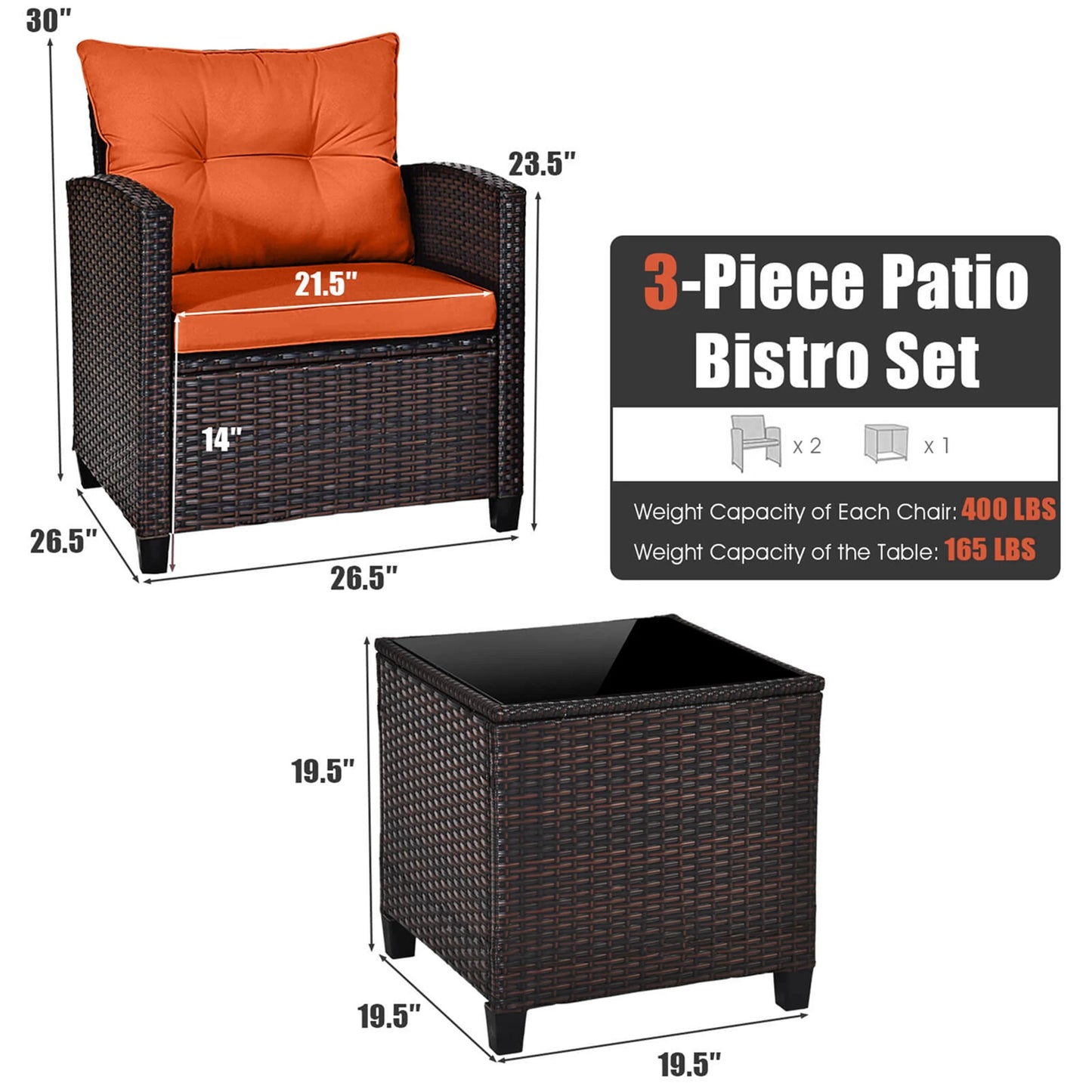 3 PCS Patio Rattan Furniture Set Cushioned Conversation Set