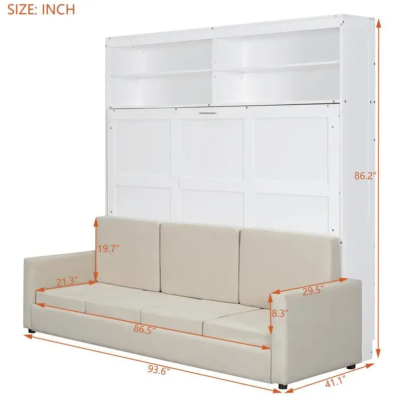 Queen Size Murphy Bed with Sofa, White Wall Bed