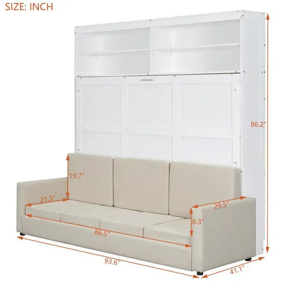 Queen Size Murphy Bed with Sofa, White Wall Bed