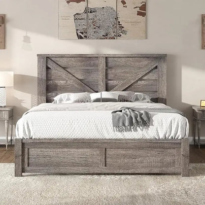 Reclaimed Barnwood Queen Bed Frame with 49.2 Barn Door Headboard, Platform Slat Design, Underbed Storage, Quiet