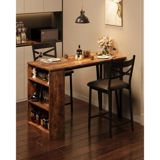 3 Piece Bar Table Set for 2, Bar Table and Chairs Set with  Flip Top Extension, Dining Table Set with Storage Shelves