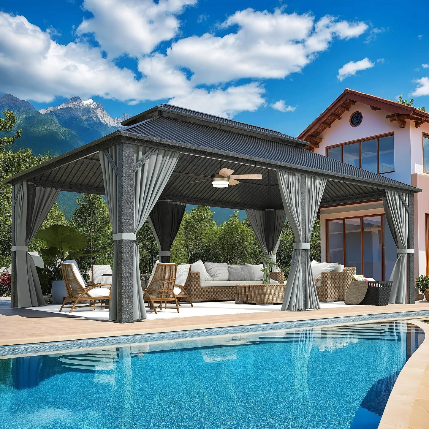 10x12~12x20FT Hardtop Gazebo Aluminum Frame Galvanized Steel Roof w/ Netting Curtain All Weather for Backyard Patio Garden