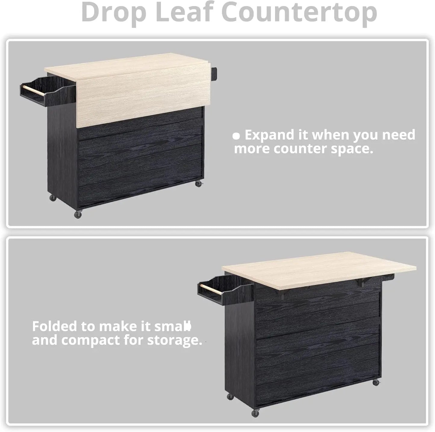 Rolling Kitchen Island Cart with Drop-Leaf and Wine Rack,  Serving Cart on Wheels with Drawer & Shelves