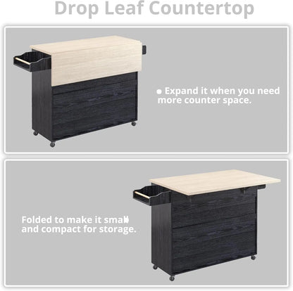 Rolling Kitchen Island Cart with Drop-Leaf and Wine Rack,  Serving Cart on Wheels with Drawer & Shelves