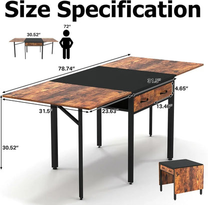 Folding Dining Table with Drawers, Extendable, for 6-8 People, Space-Saving for Living Room, Kitchen