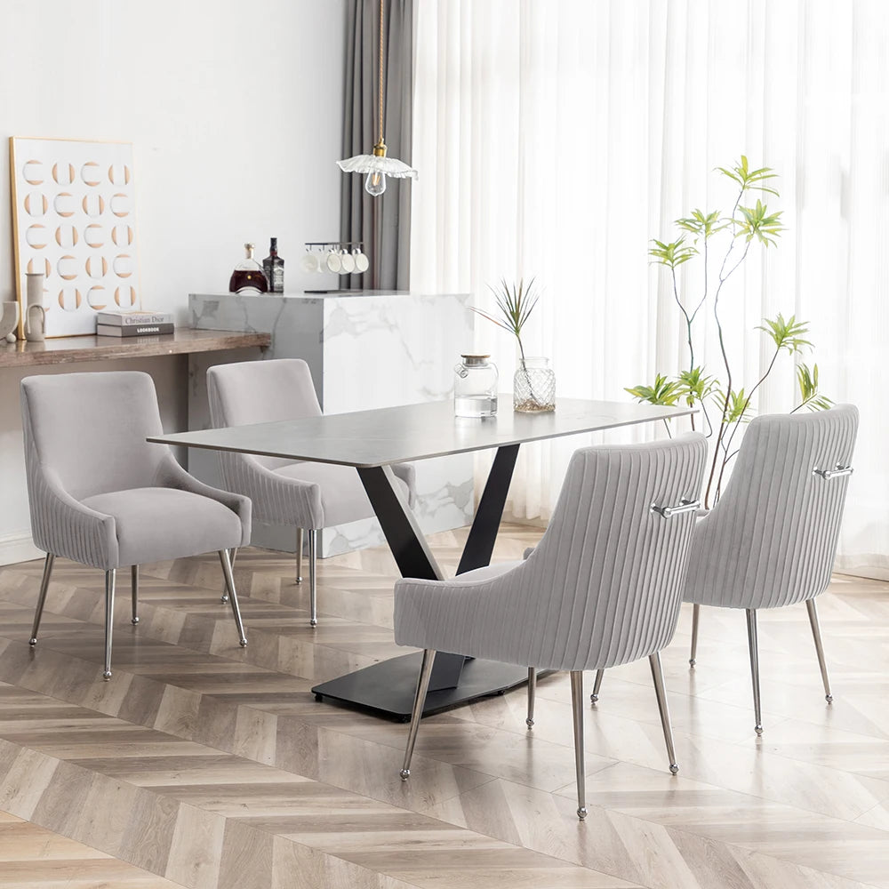 Modern Velvet Pleated Finish Back Dining Chair Set of 6 with Rear Handle