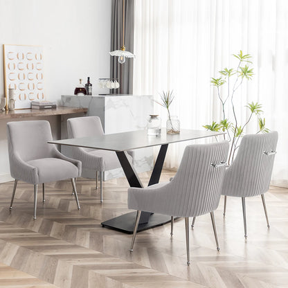Modern Velvet Pleated Finish Back Dining Chair Set of 6 with Rear Handle