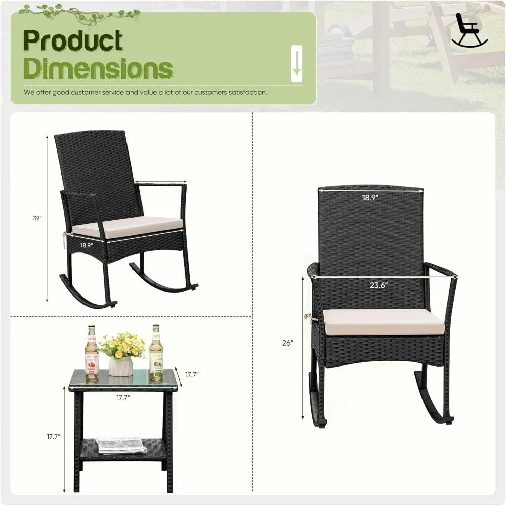 Rocking Chair Outdoor, Glass Table, High Back Porch Rocker for Balcony Garden Backyard (Beige)