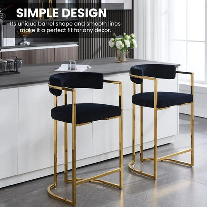26'' Seat Height Velvet Bar Stools Set of 4, Counter Height, Gold Metal Frame and Footrest, Upholstered Barrel Back