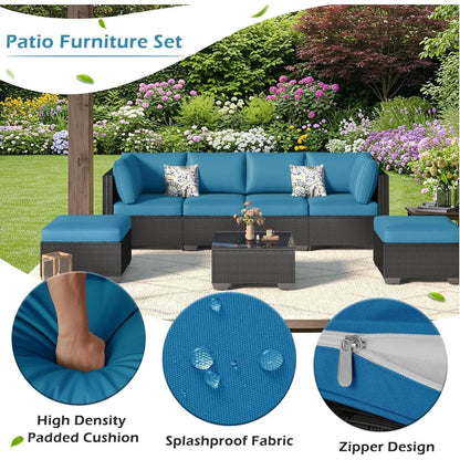 7 Piece Outdoor Patio Furniture Set, PE Rattan Outdoor Wicker Sectional Furniture Chair Set with Cushions and Table