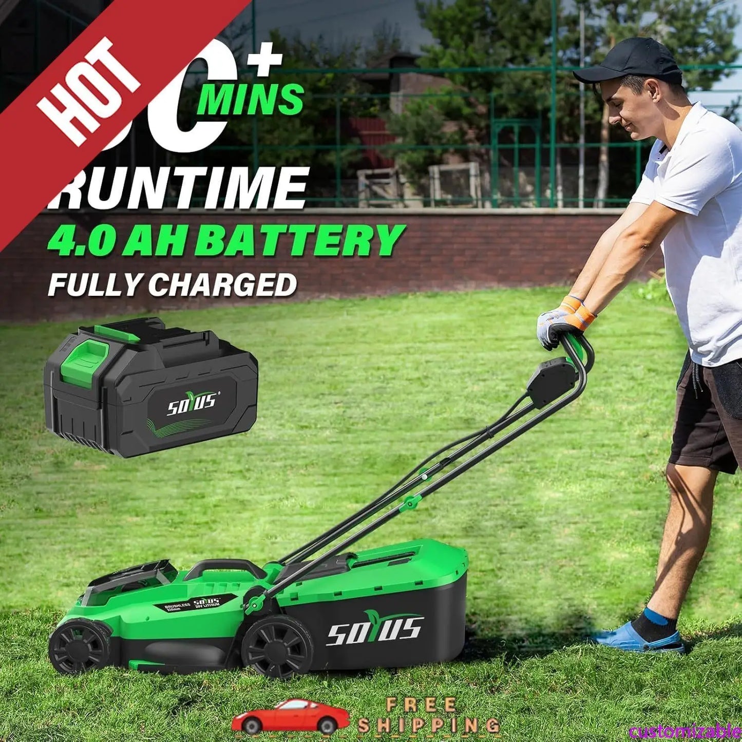 Customizable Electric Lawn Mower Cordless, 13 Inch 20V Lawn Mowers with Brushless Motor, 2-in-1 Lawn Mower,
