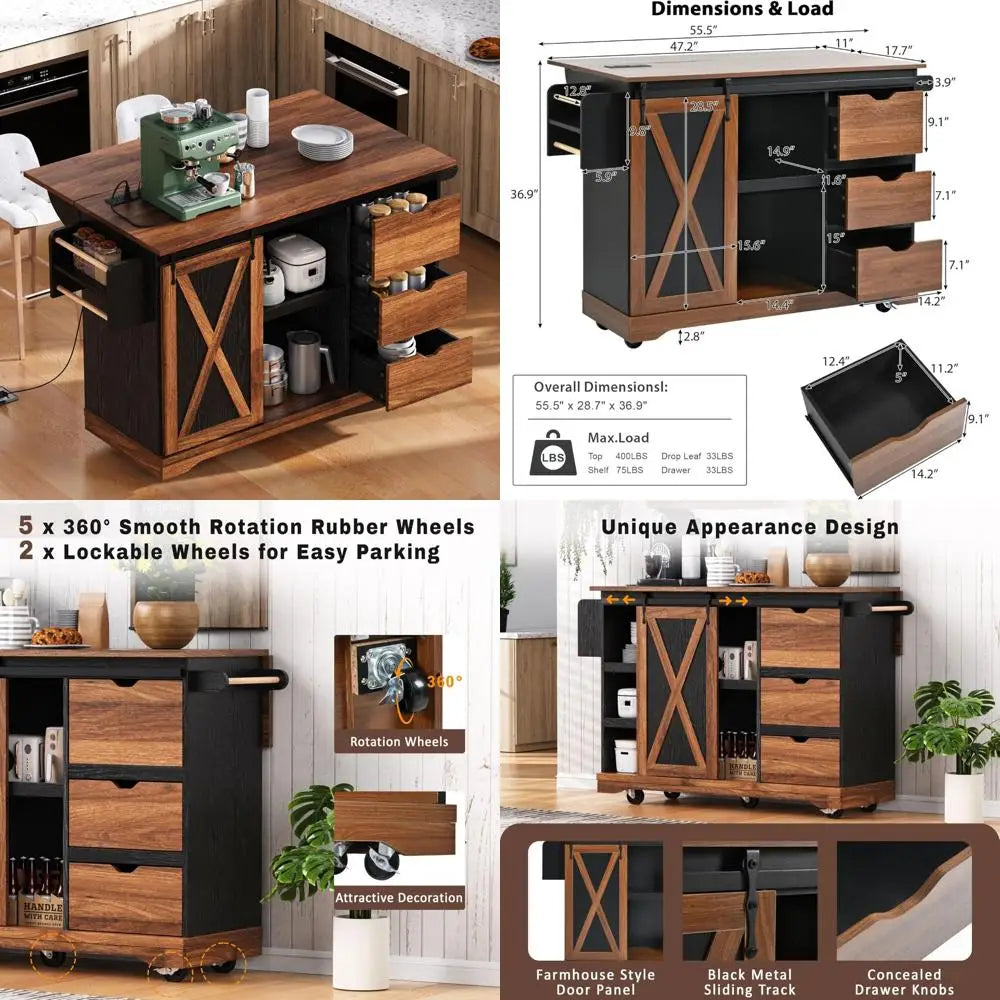 "Rolling Kitchen Island with Drop Leaf, 55.5" Cart featuring Barn Door and Power Outlet"