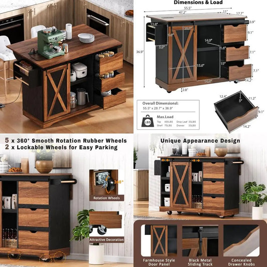 "Rolling Kitchen Island with Drop Leaf, 55.5" Cart featuring Barn Door and Power Outlet"