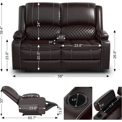 Recliner Sofa, Manual Reclining Loveseat with Removable Armrest, Faux Leather