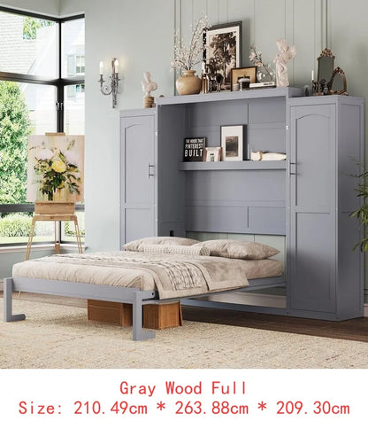 Full Size Murphy Bed with 2 Wardrobes & Storage Shelves, Multifunctional Foldable Platform Bed Frame for Guest Room & Bedroom,