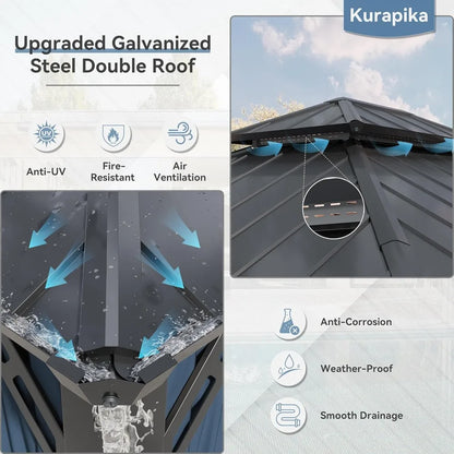Metal Gazebo with Double Roof and Galvanized Steel, Outdoor Canopy with Curtains and Netting