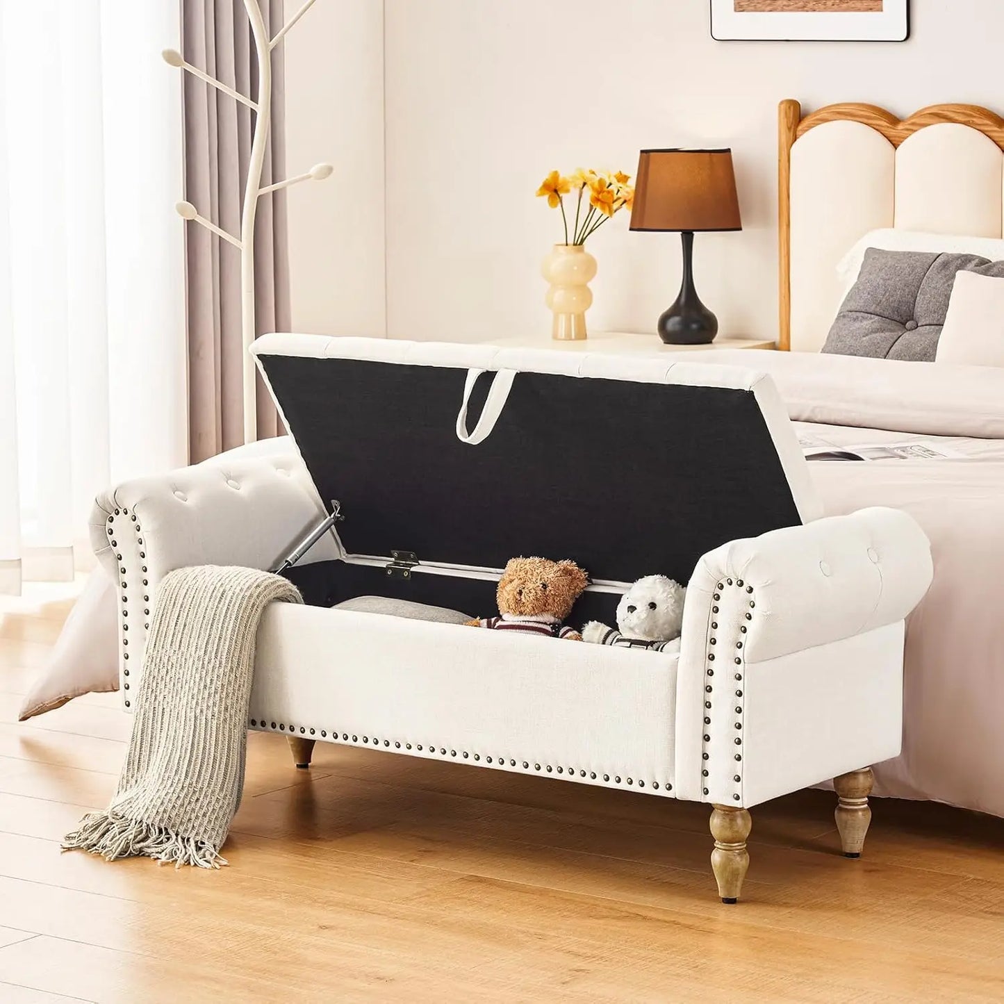 Storage Bedroom Bench for End of Bed, Faux Linen Upholstered Storage Ottoman with Rolled Arms for Bedroom,Living Room