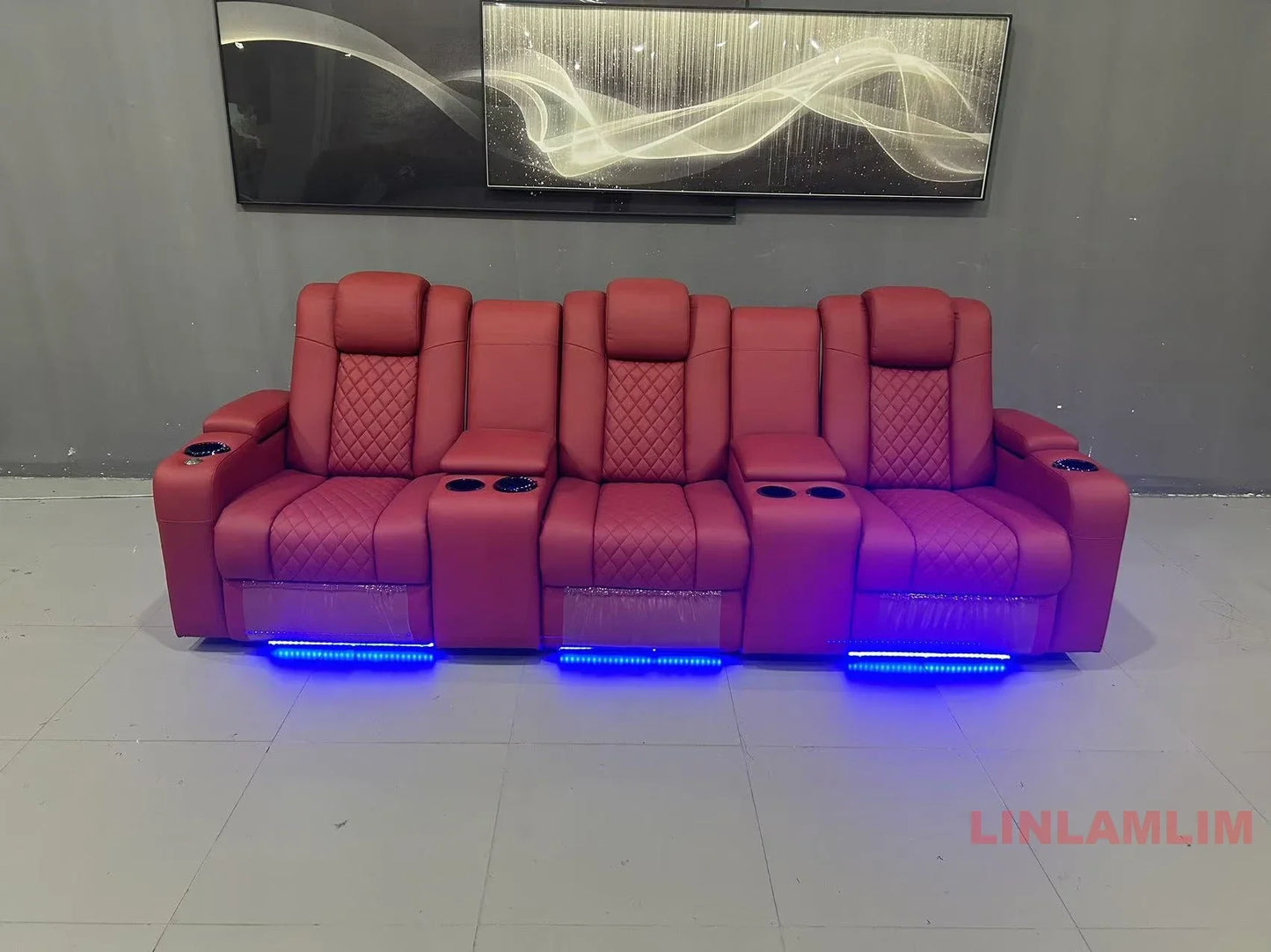 Luxury 3-Seat Recliner Sofa with Cup Holders, Leather Home Theater Seating, Cinema Recliner Couch with Center Console