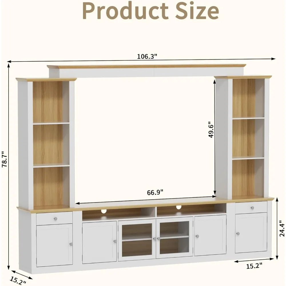 Large Farmhouse TV Stand with Cabinets for TVs Up to 78" Wall Unit Entertainment Center with Open Bookshelves and 2 Drawers
