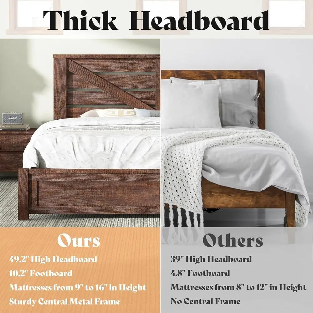 Reclaimed Barnwood Queen Bed Frame with 49.2 Barn Door Headboard, Platform Slat Design, Underbed Storage, Quiet